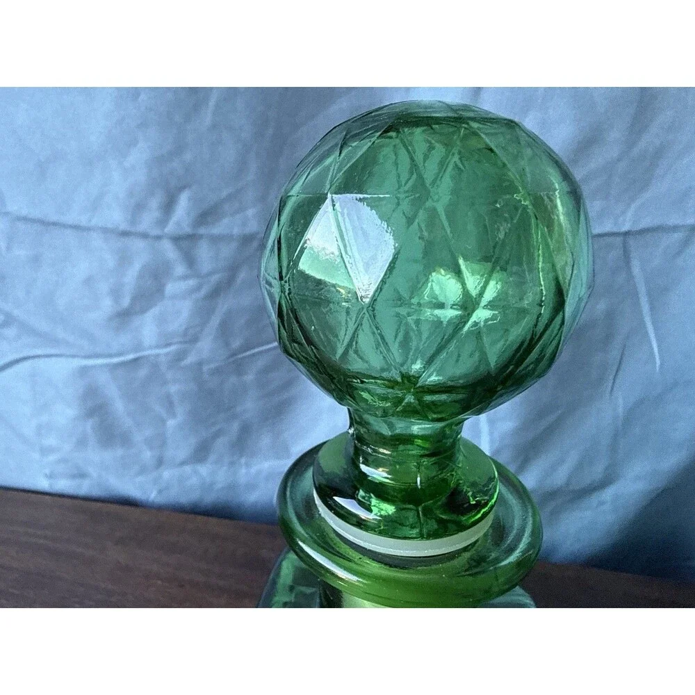 VTG Empoli Green Glass Decanter W/Stopper Diamond Pattern